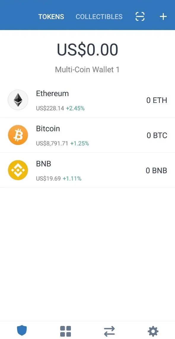 A brand new Trust Wallet, Multi-Coin Wallet 1, in March 2020: US$0.00, with zero Ethereum, zero Bitcoin and zero BNB.