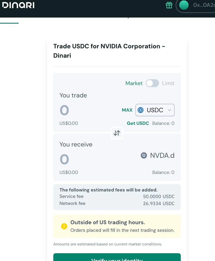 Dinari's Trade USDC for NVIDIA Corporation screen: you receive NVDA.d; the following estimated fees will be added: service fee 50.0000 USDC, network fee 26.9334 USDC; outside of US trading hours, orders will fill in the next trading session.