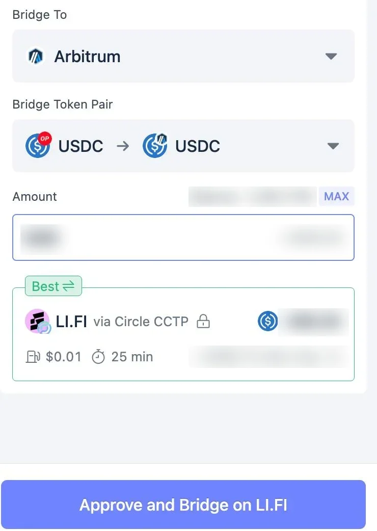 A bridge quote for USDC from Optimism: LI.FI via Circle CCTP, best route, cost $0.01, about 25 minutes. The amounts and wallet balance are blurred.