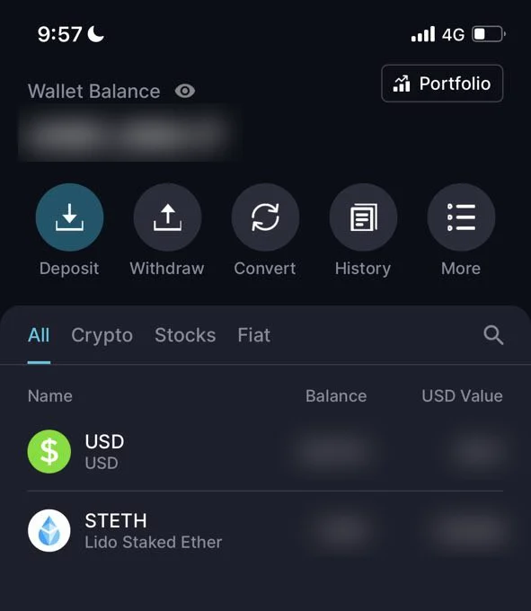The FTX app's wallet screen on the morning of 9 November 2022, listing a USD balance and STETH, Lido Staked Ether. Balances are blurred.