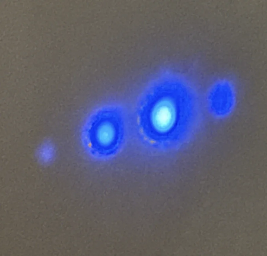 Four blue spots of UV light in a diagonal line on a grey surface.