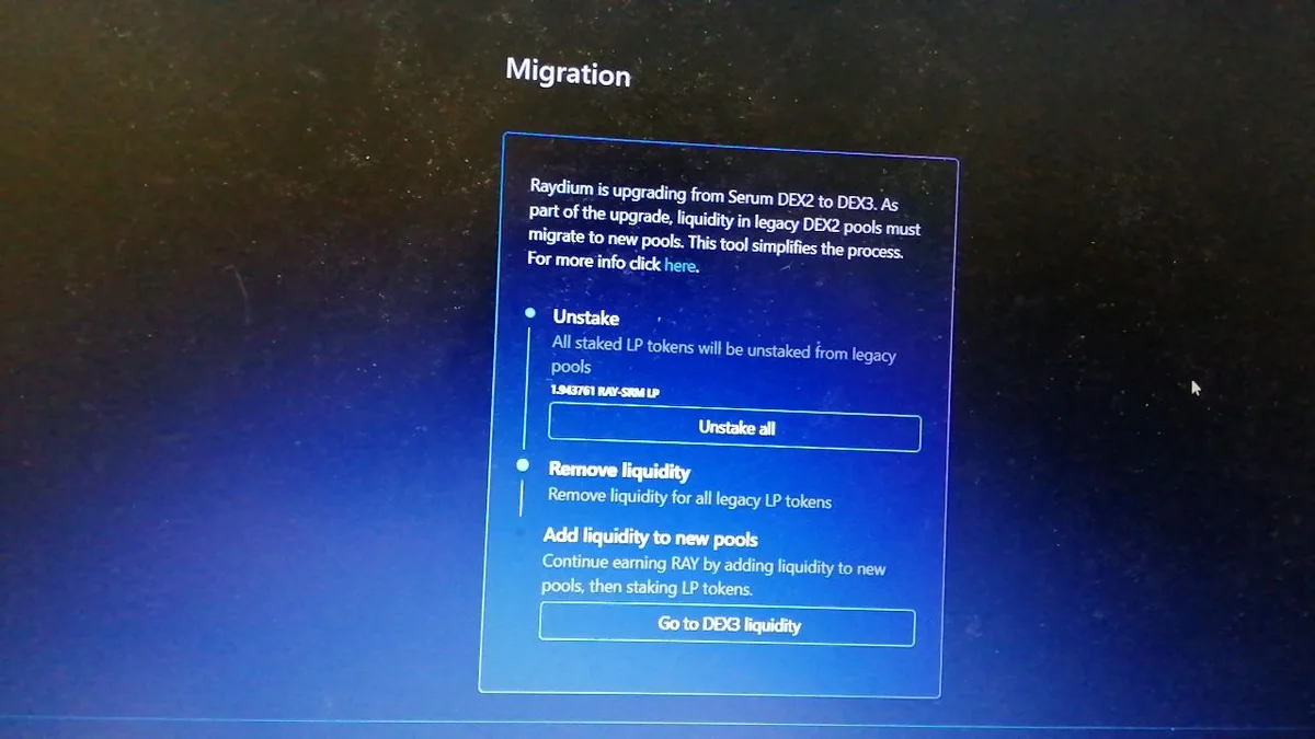 Raydium's migration dialog in March 2021: Raydium is upgrading from Serum DEX2 to DEX3; all staked LP tokens will be unstaked from legacy pools; remove liquidity, then add liquidity to new pools.