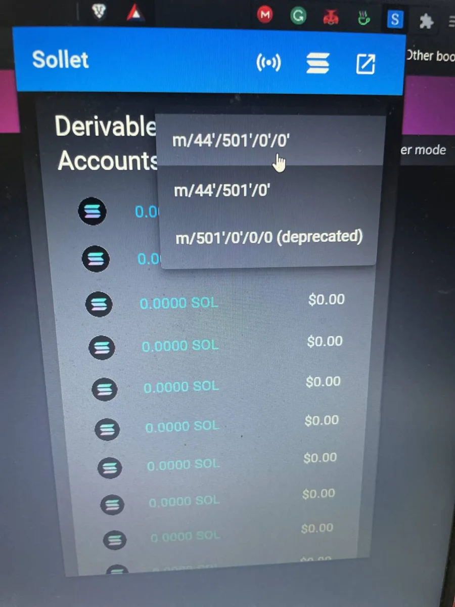 Sollet's Derivable Accounts panel on a laptop screen in April 2021, with a drop-down offering the derivation paths m/44'/501'/0'/0', m/44'/501'/0' and m/501'/0'/0/0 (deprecated), above a list of accounts each holding 0.0000 SOL.