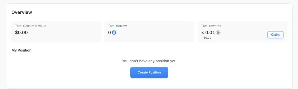 Virtue's dashboard: total collateral value $0.00, total borrow 0, and under My Position, You don't have any position yet.