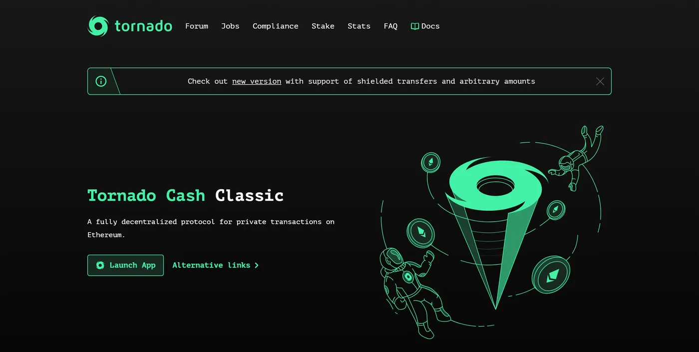 The Tornado Cash website: Tornado Cash Classic, a fully decentralized protocol for private transactions on Ethereum, with a Launch App button and a banner pointing to a new version with shielded transfers and arbitrary amounts.