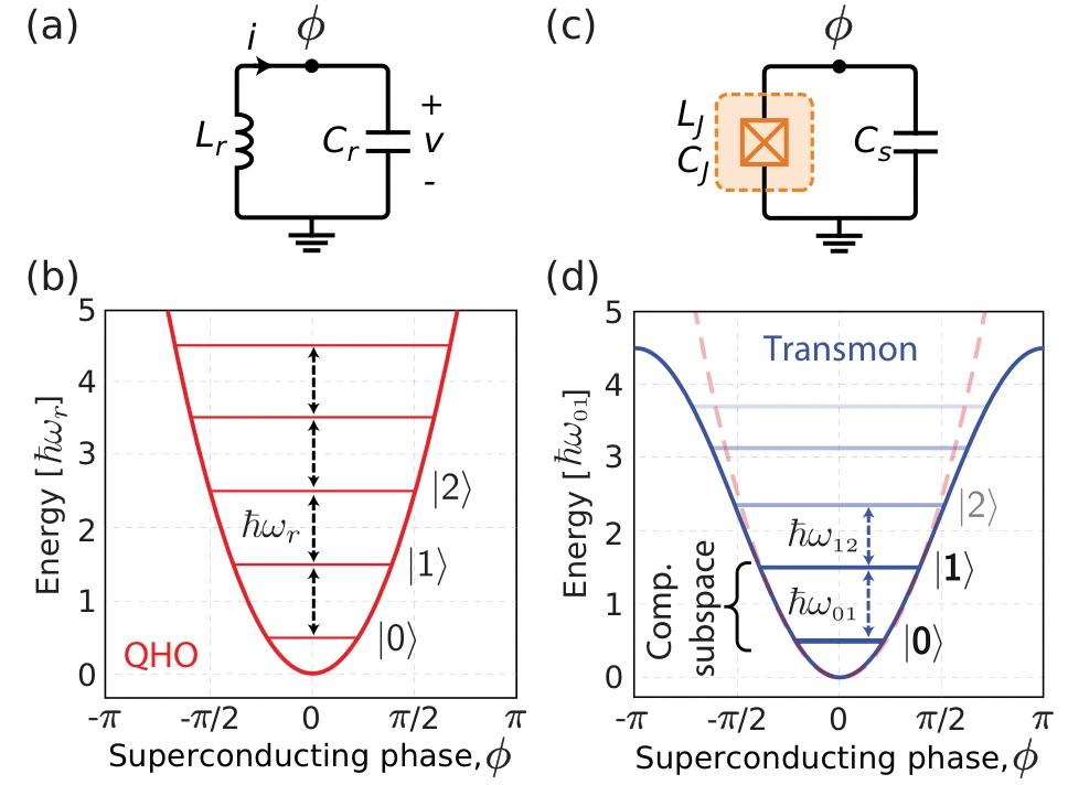 Figure 1 of Krantz et al. (2019). (a) An LC circuit: an inductor L_r in parallel with a capacitor C_r. (b) Its parabolic potential against the superconducting phase, with energy levels 0, 1, 2 and up at equal spacing ħω_r. (c) The transmon circuit: a Josephson junction, with inductance L_J and capacitance C_J, shunted by a capacitor C_s. (d) The transmon's cosine potential, with the harmonic parabola dashed for comparison; its levels get closer together going up, so ħω_12 is smaller than ħω_01, and the two lowest levels form the computational subspace.